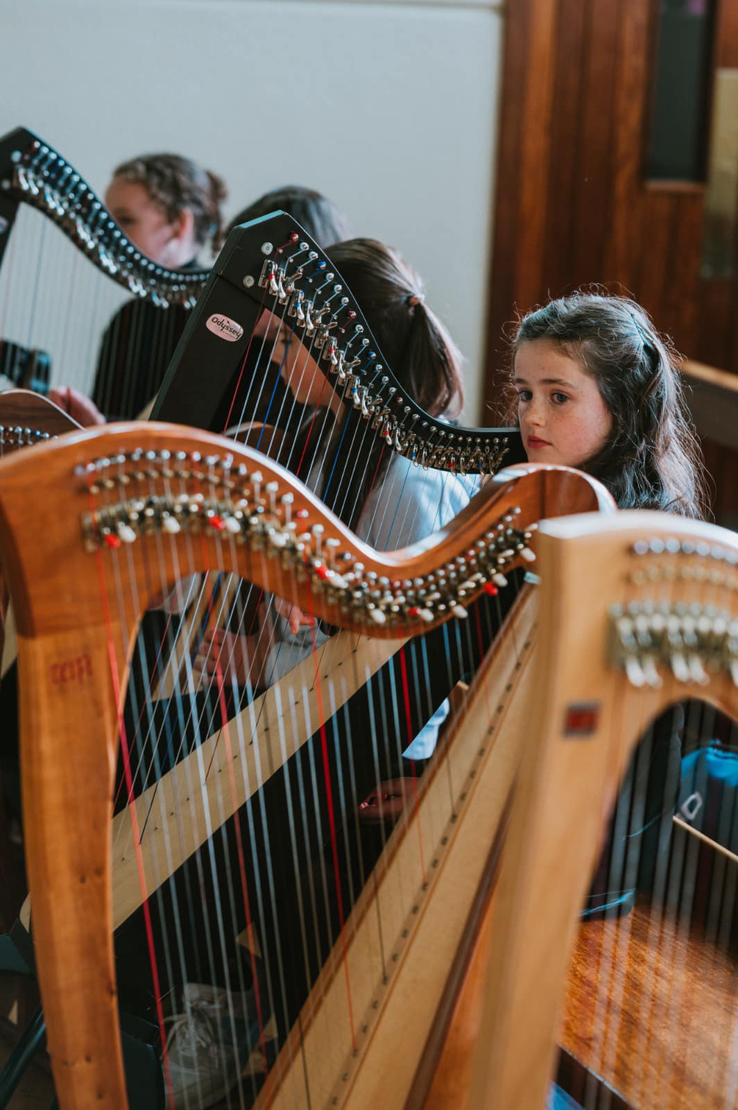 Pupils playing harps